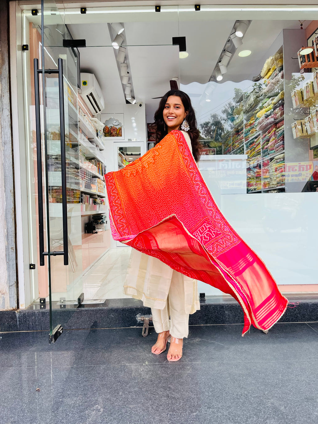 Beige Silk Straight Suit With Bandhni Dupatta