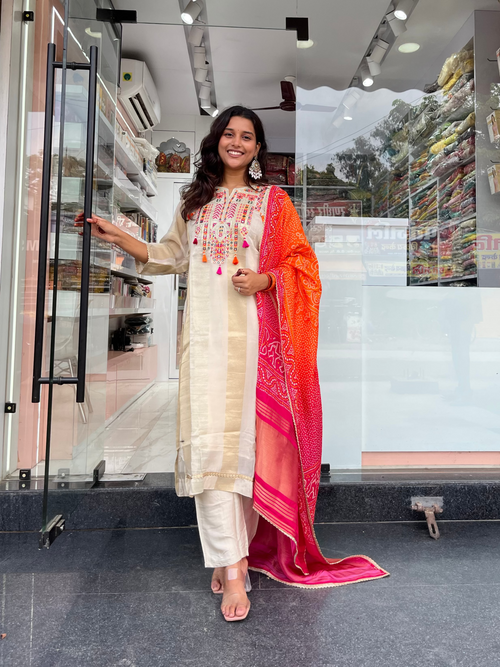 Beige Silk Straight Suit With Bandhni Dupatta