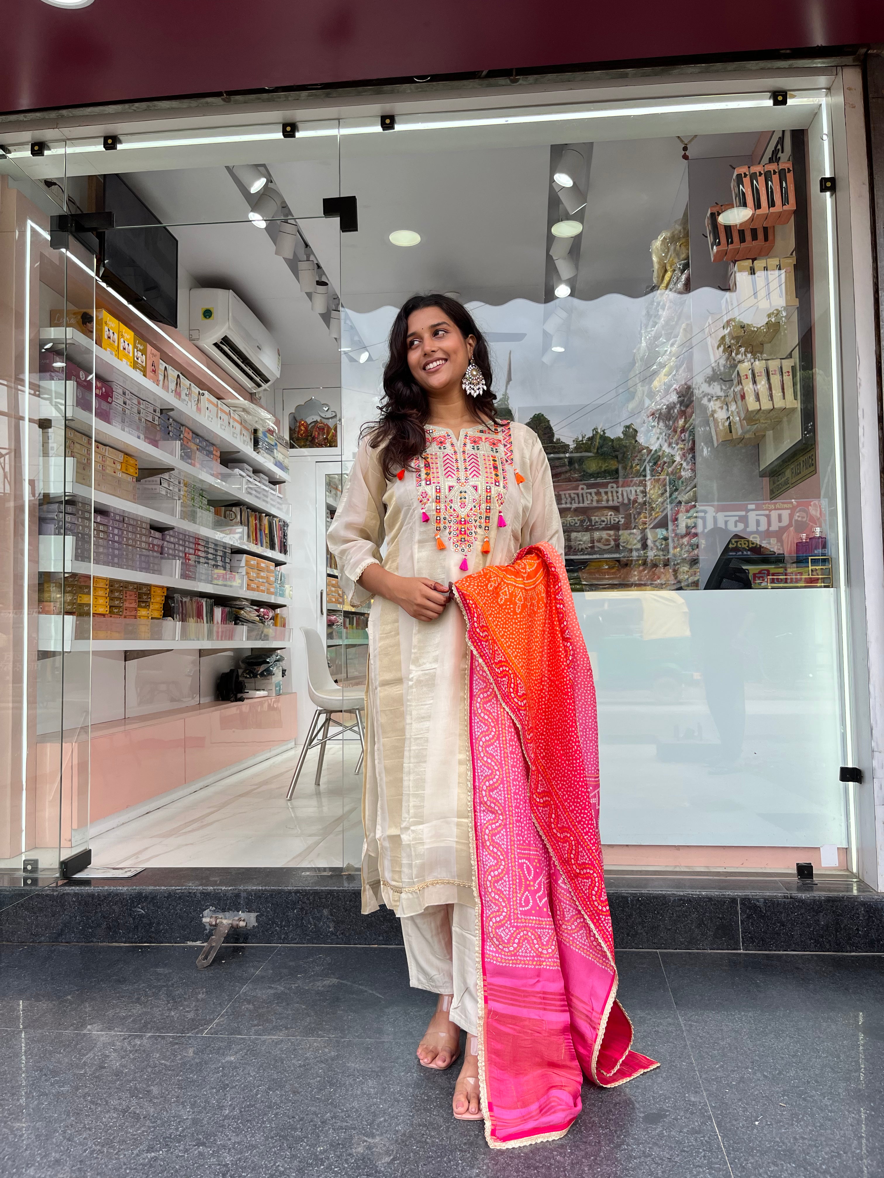 Beige Silk Straight Suit With Bandhni Dupatta