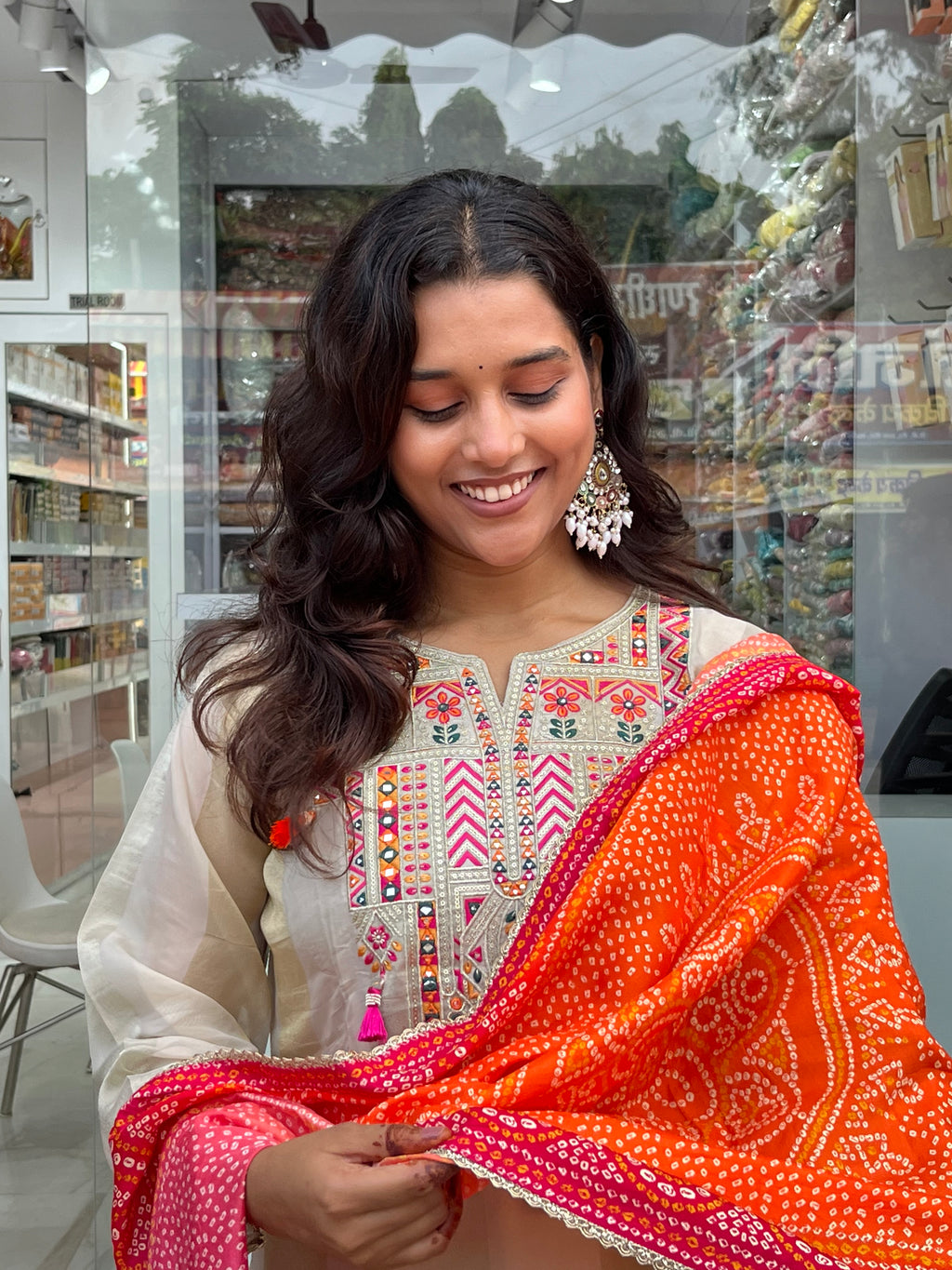 Beige Silk Straight Suit With Bandhni Dupatta