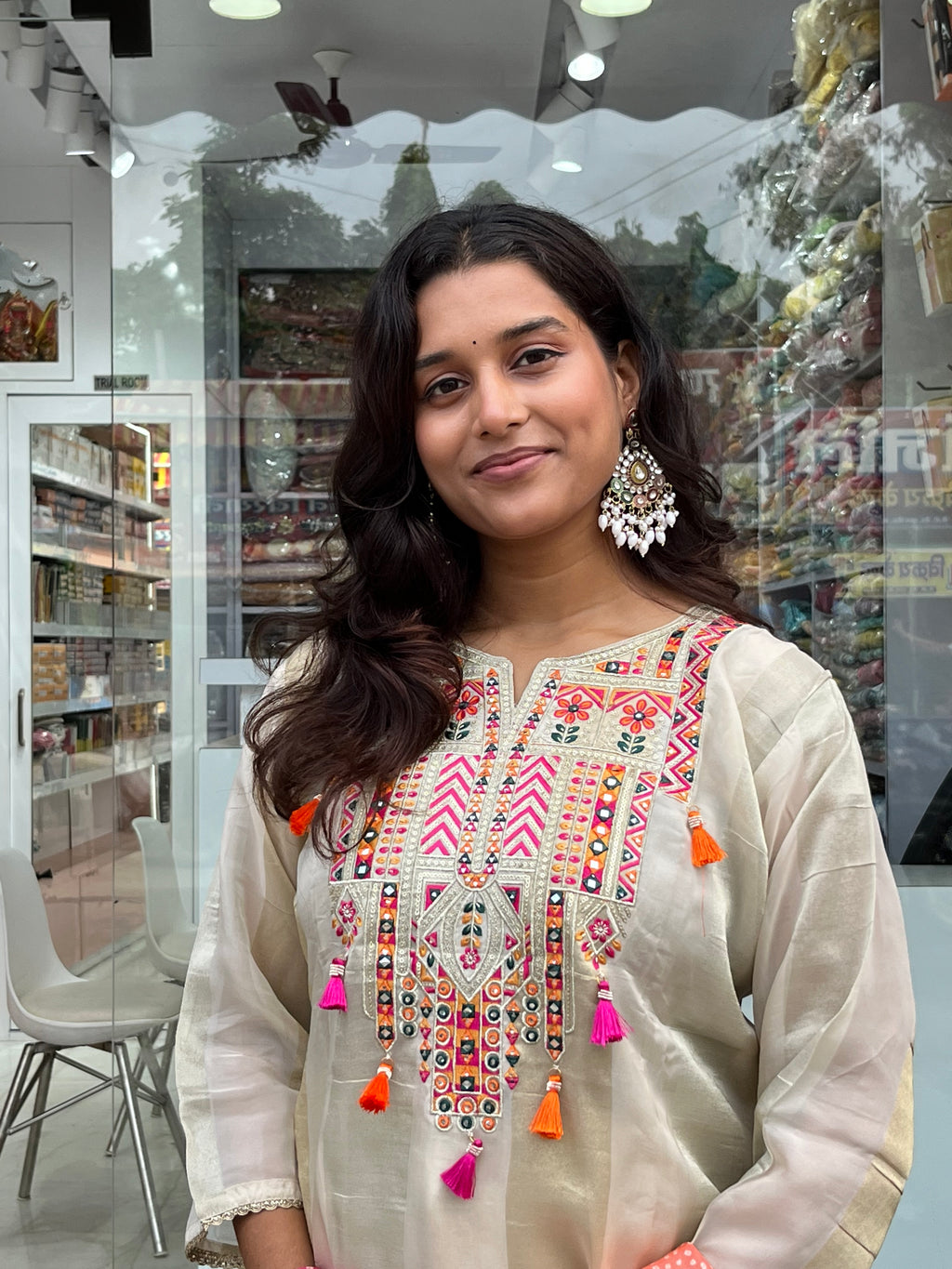 Beige Silk Straight Suit With Bandhni Dupatta