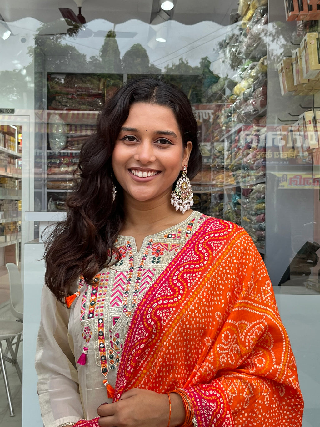 Beige Silk Straight Suit With Bandhni Dupatta