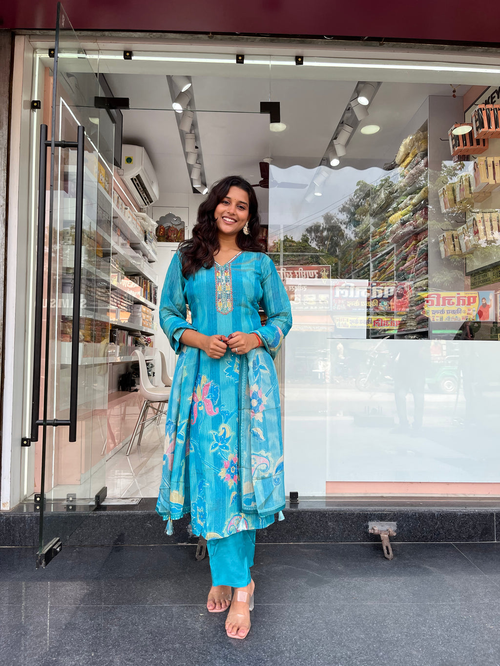 Sky Printed Silk Blend Straight Suit With Dupatta