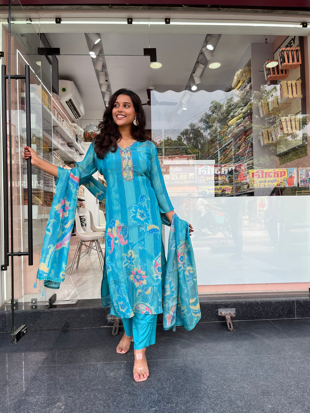 Sky Printed Silk Blend Straight Suit With Dupatta