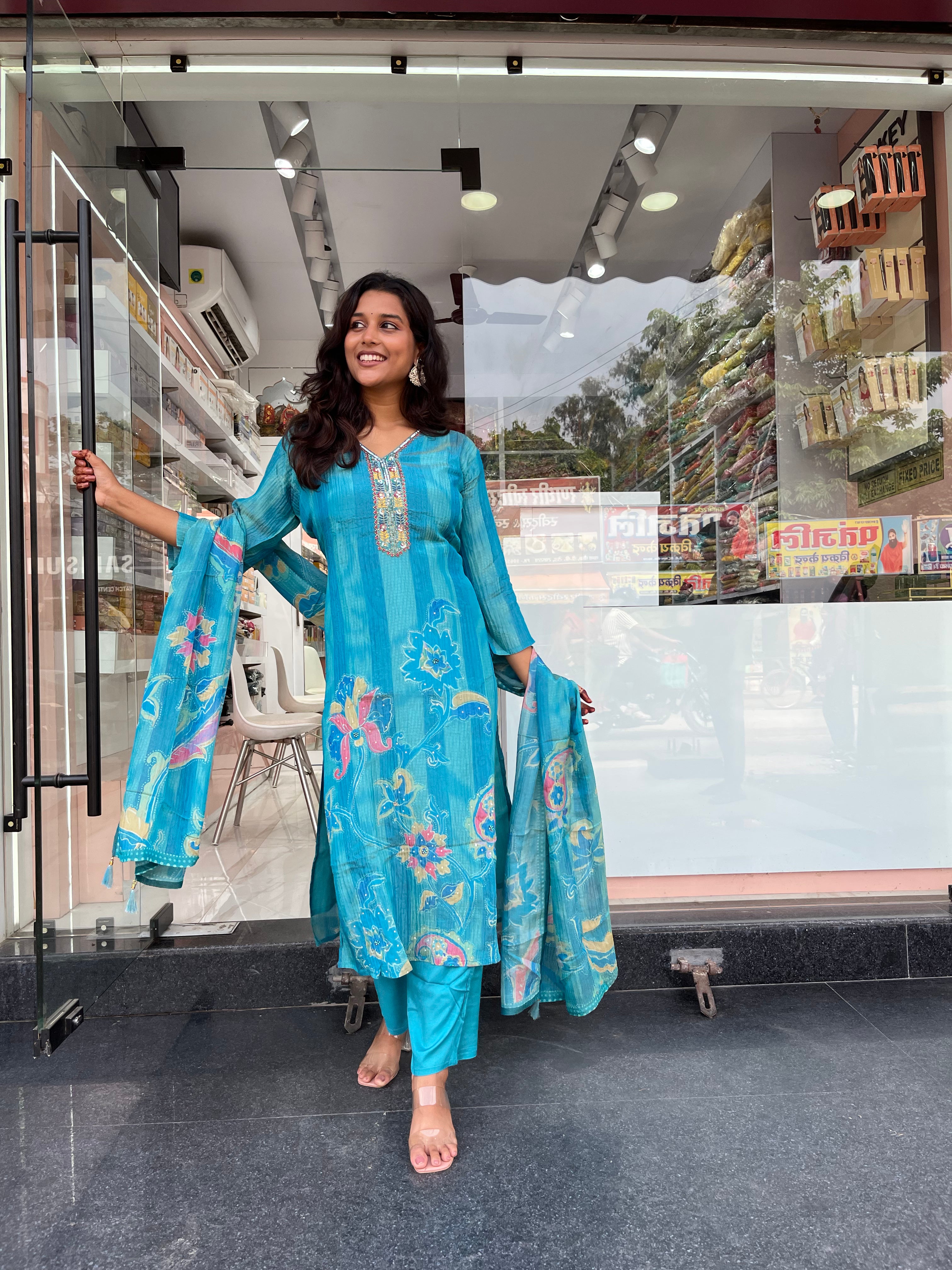 Sky Printed Silk Blend Straight Suit With Dupatta