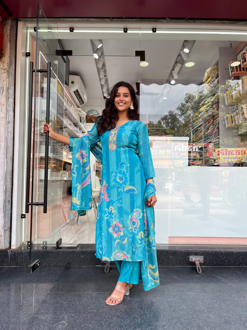 Sky Printed Silk Blend Straight Suit With Dupatta