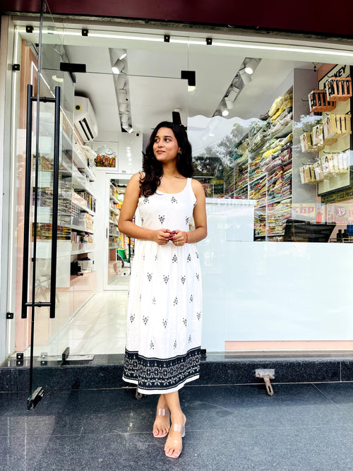 Black Printed Cotton Fit and Flare Dress