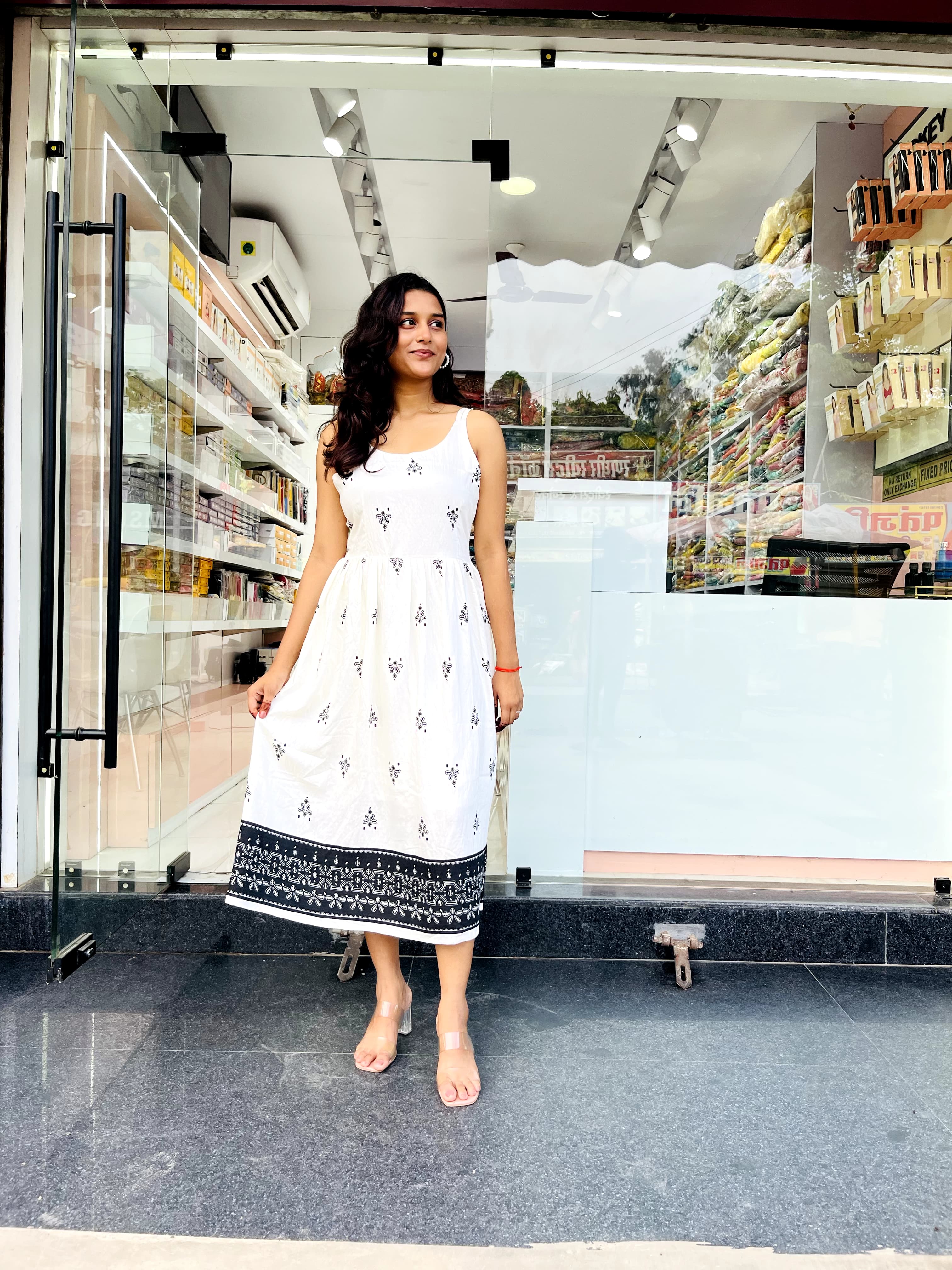 Black Printed Cotton Fit and Flare Dress